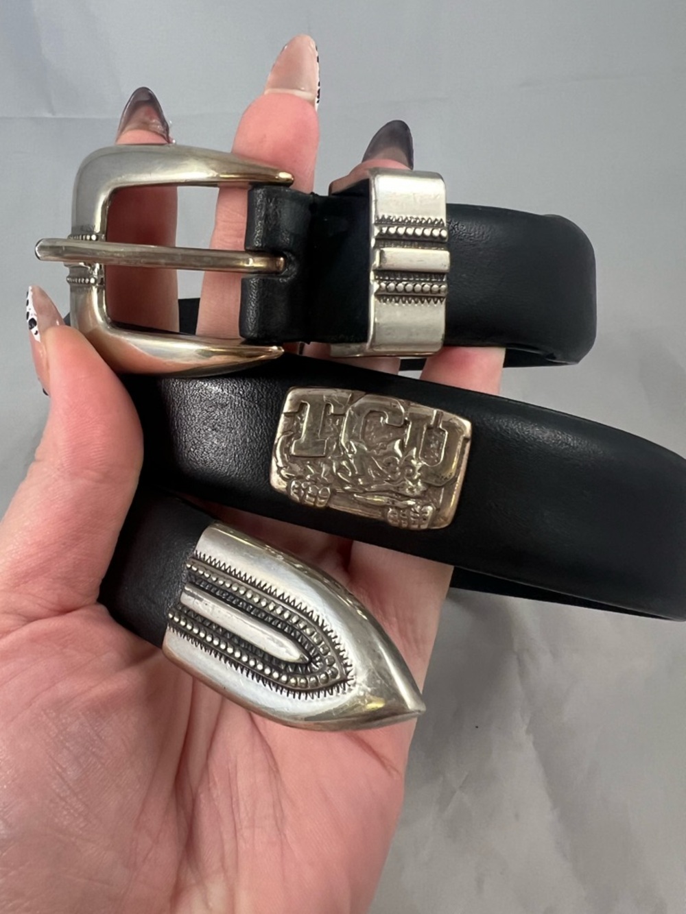 Vintage TCU College Horned Frogs Silver Concho Black Leather Belt Size 28